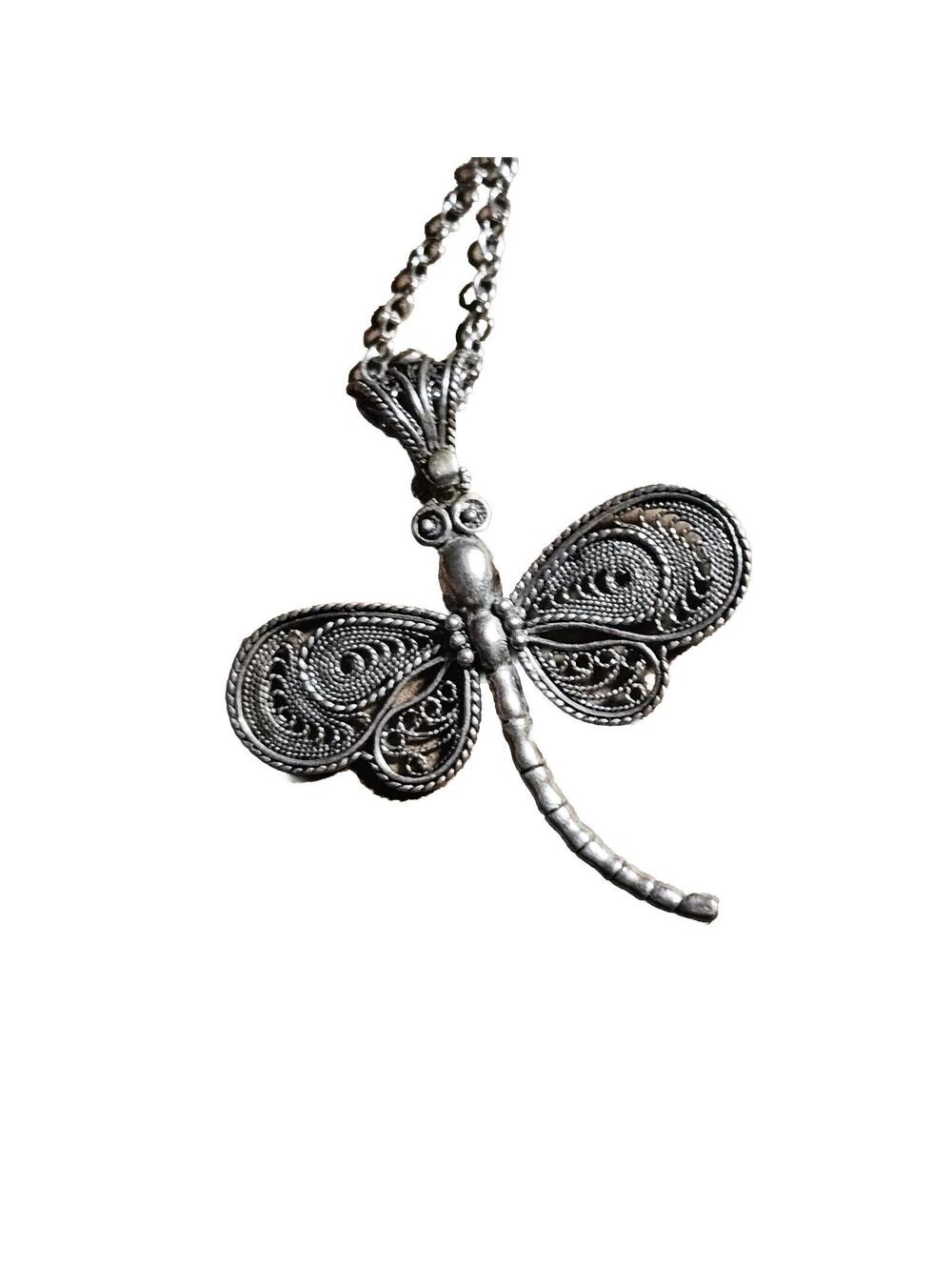 Dragonfly Necklace 925 Silver 18" Pendant 2" Filagree Turkish Summit Pot VTG